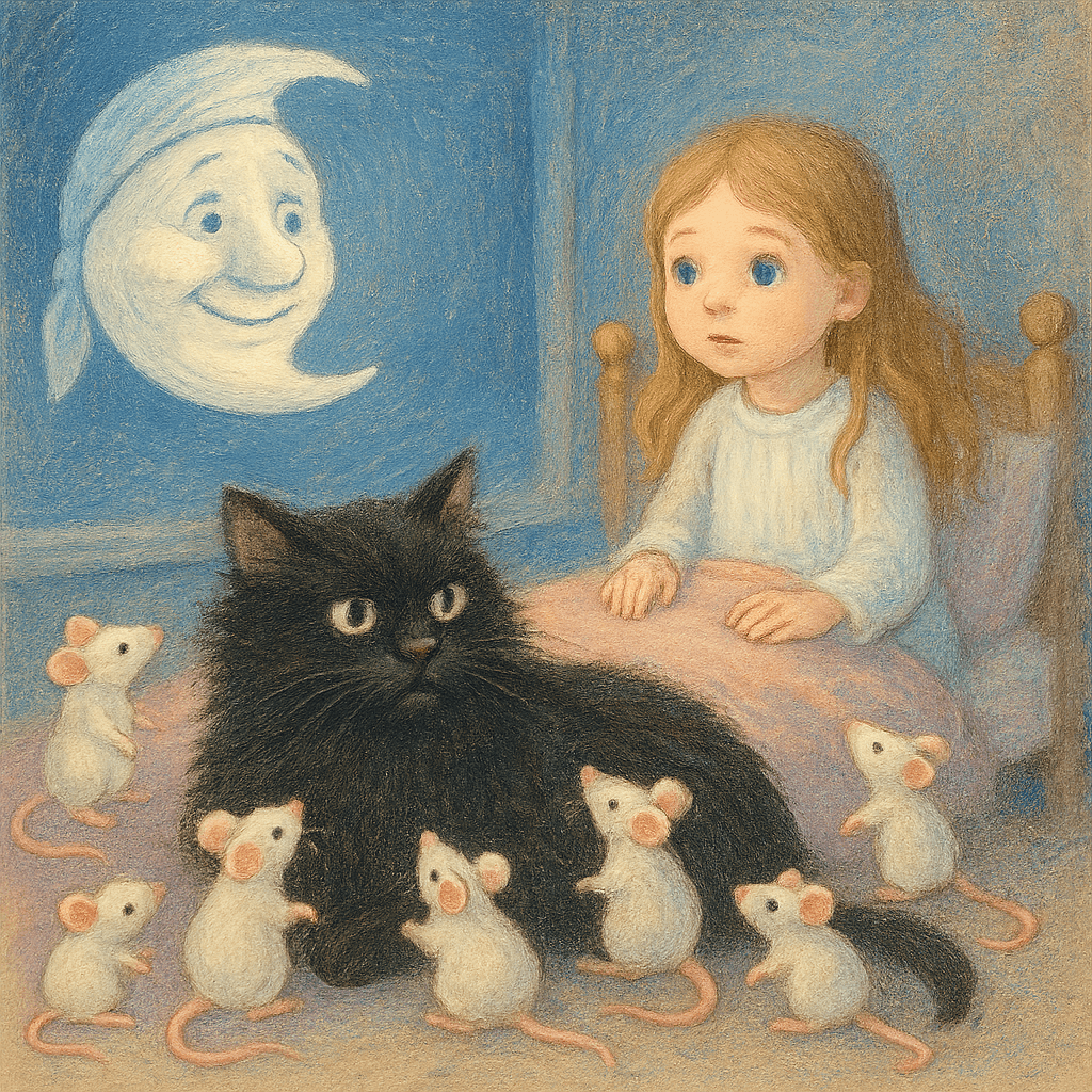 Мышки-звёзды окружают чёрного кота, месяц плывёт к кровати