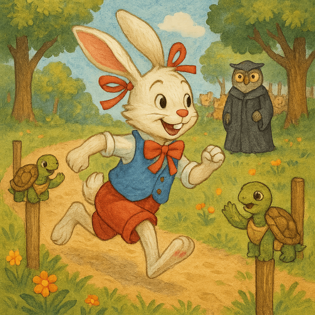 Кролик мчится по дорожке, а из-за столбов чередуются черепашата