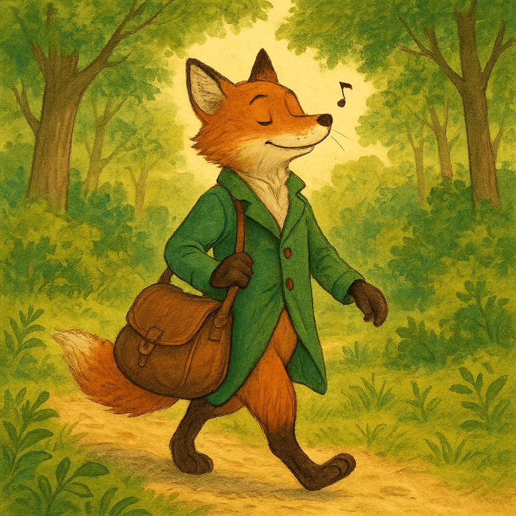 Братец Лис с охотничьей сумкой возвращается по дороге из леса, поёт песни.