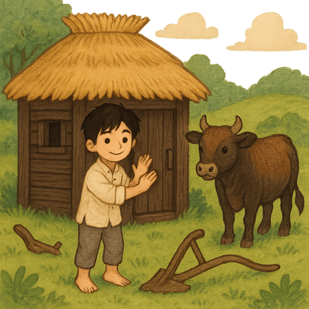 Чан Су строит свой первый дом и стоит рядом с быком и плугом.