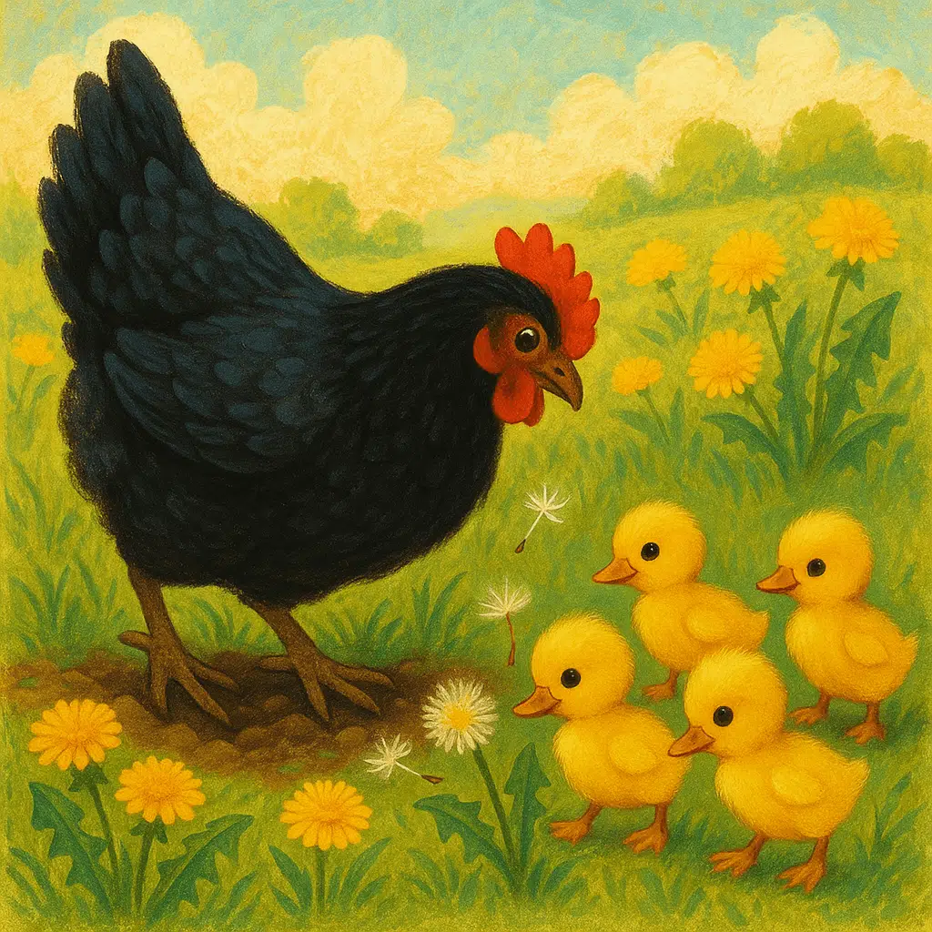 Гусёнки играют с одуванчиками, а курица копает землю