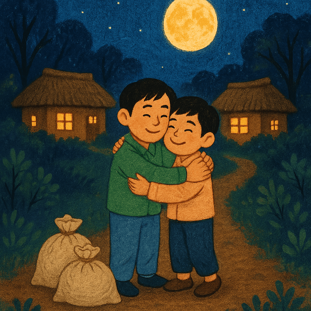 Братья обнимаются на тропинке ночью; мешки риса лежат рядом.