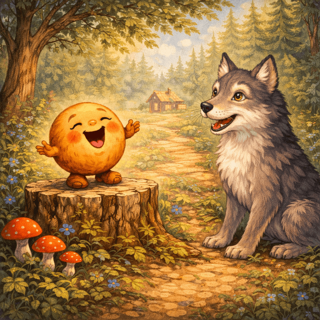 Колобок встречает волка на лесной тропинке и поет ему песенку