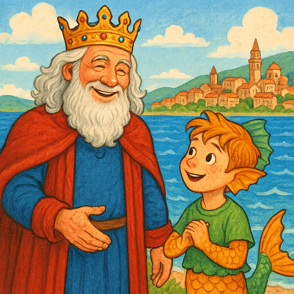 Кола и король разговаривают на берегу моря у дворца.