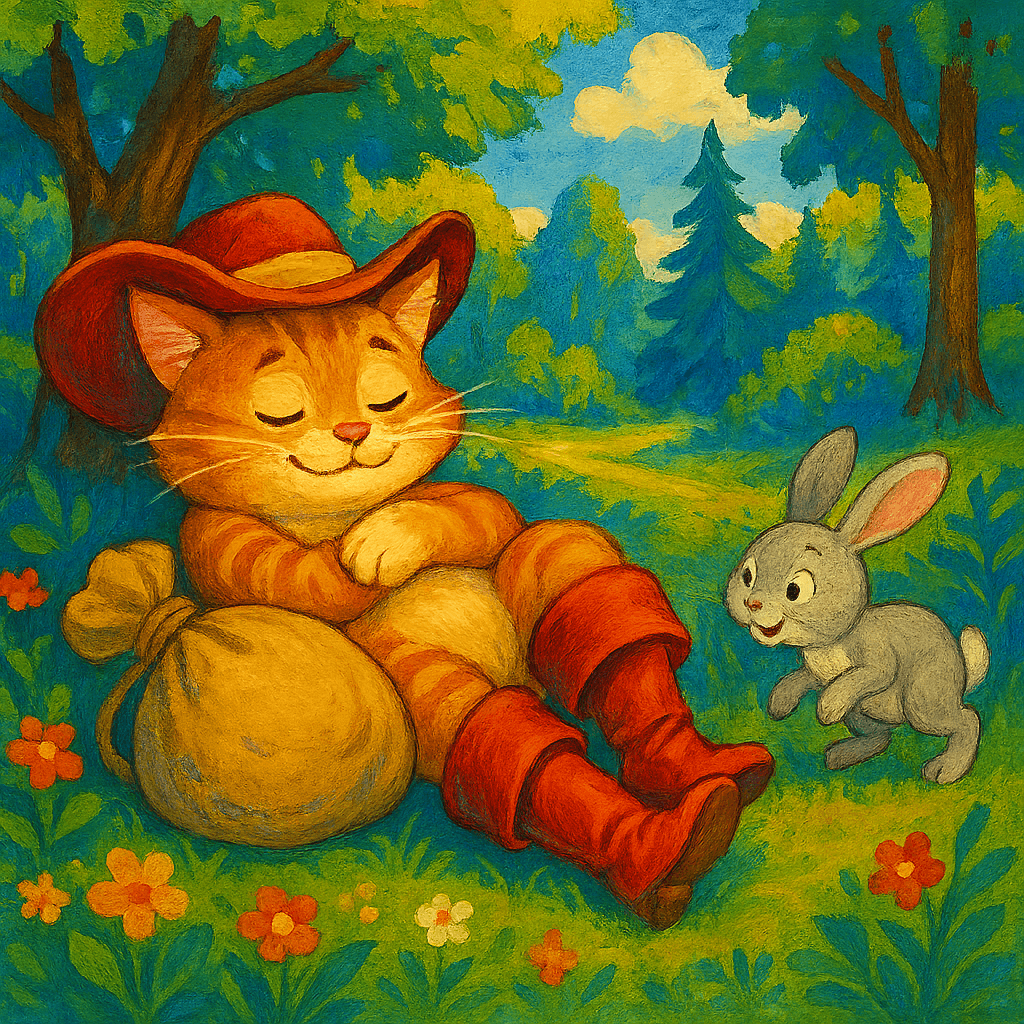 Кот в сапогах притворяется мёртвым в лесу с мешком для кролика