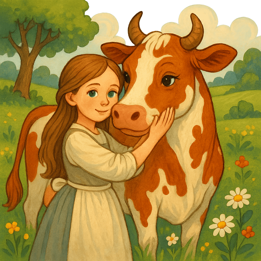 Крошечка-Хаврошечка обнимает рябую корову на поле