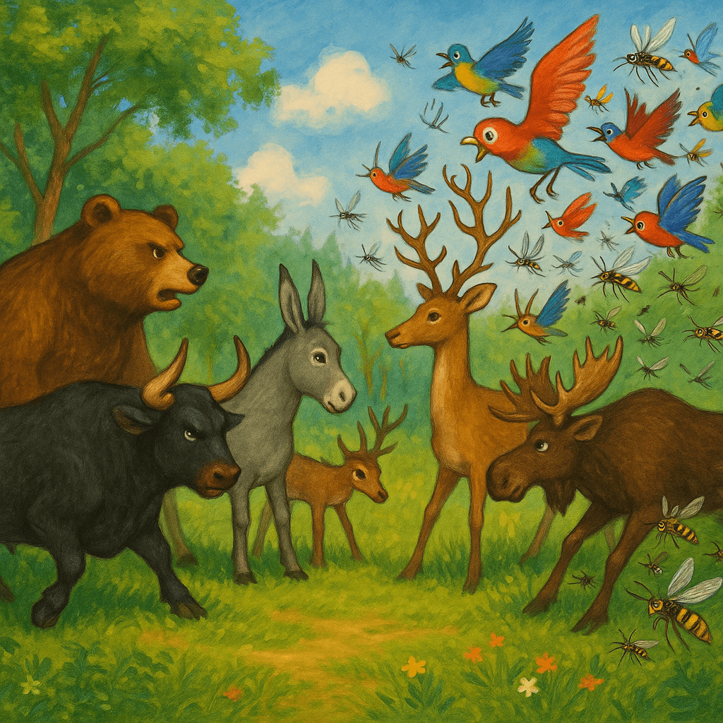 Армии зверей и птиц готовятся к битве на поляне