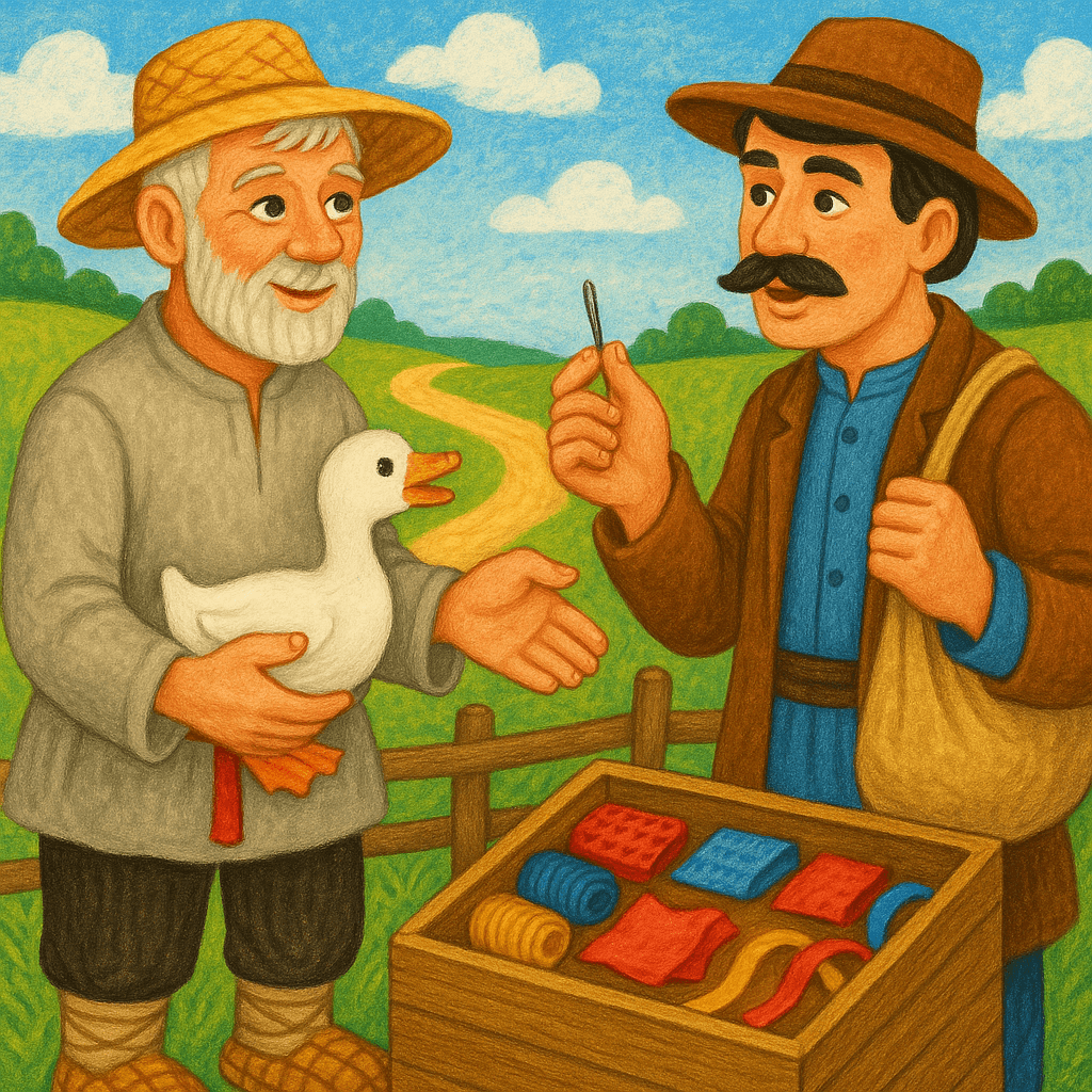 Мужик меняет гусёнка на иголку у торговца с коробом на плетёном заборе