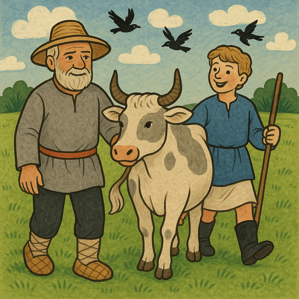 Мужик ведет за рога корову рядом пастух в поле