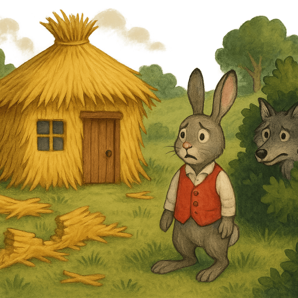 Кролик у разрушенного соломенного домика, Волк прячется в кустах