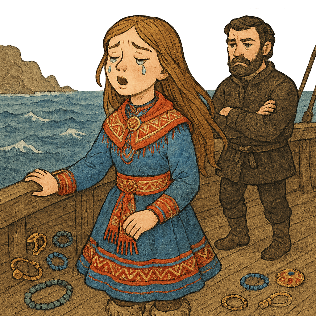 Девушка у борта поет и плачет корабль вдали от берега.