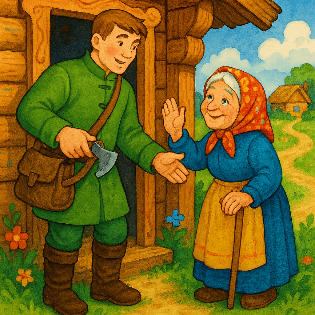 Солдат убирает топор, прощается с довольной старушкой у дома.